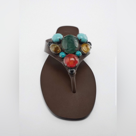 ZARA Beaded Flat Leather Sandal Brown - Picture 11 of 12